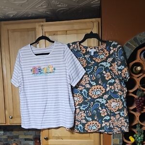 Lot Of 2 Denim & Co. Paisley Floral Striped Print Short Sleeve T-Shirt Tee Tops